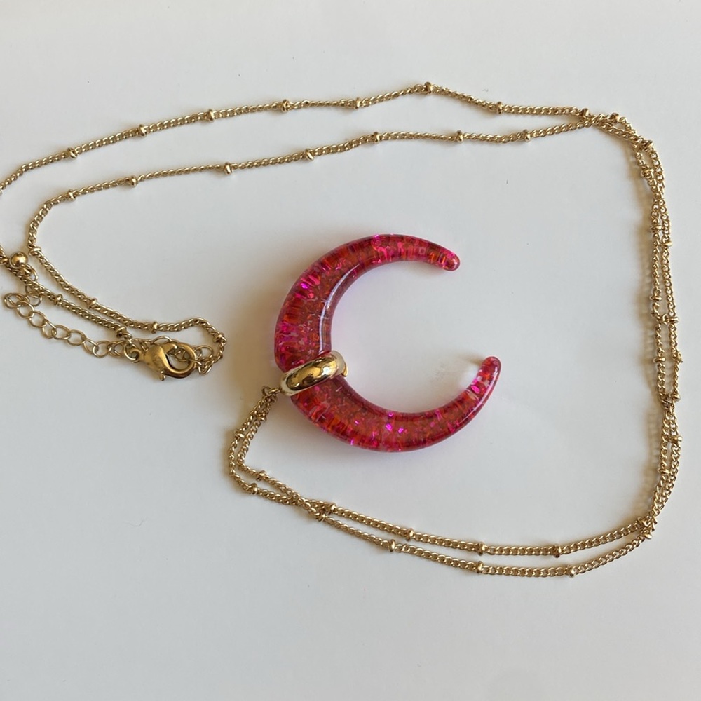 Pink Glitter Crescent Pendant Necklace
